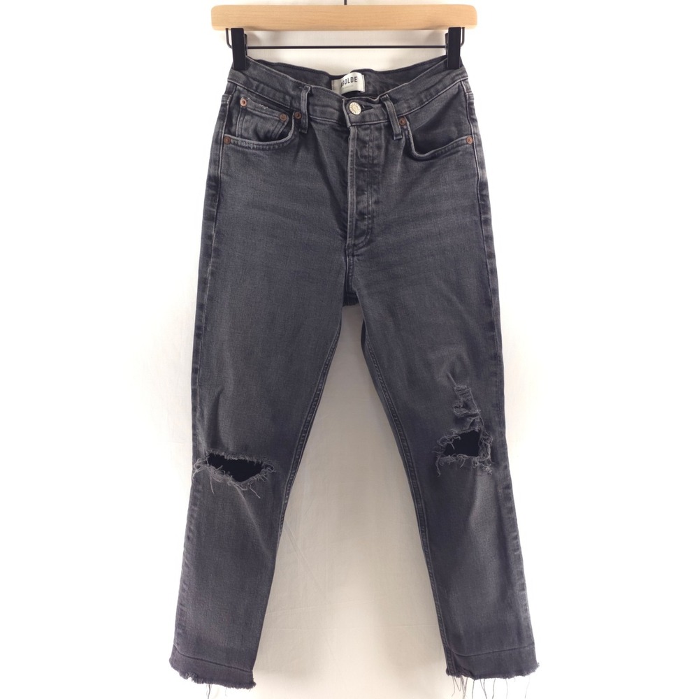 Agolde Womens Jeans Nico High‎ Rise Skinny 25 Black Distressed Raw Hem